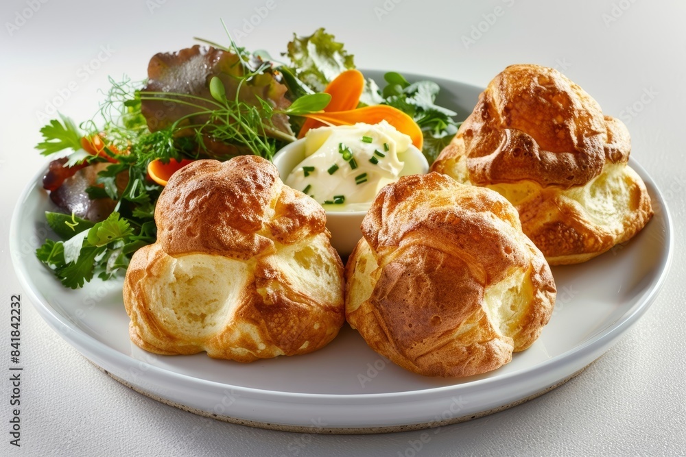 Artisanal popovers with a side of melted butter and fresh salad Artisanal popovers with a side of melted butter and fresh salad