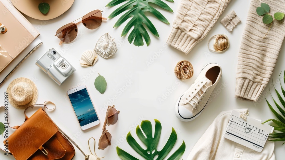 Top view composition of different trendy fashion Top view composition of different trendy fashion