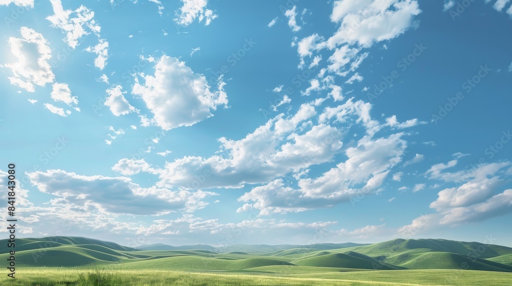Fototapeta premium A panoramic view of a bright, clear sky with scattered clouds casting soft shadows over rolling hills