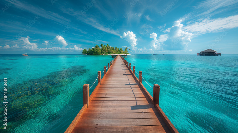 A breathtaking tropical seascape. A long wooden pier extends into the clear turquoise waters, leading to a small island with a few structures, possibly overwater villas
