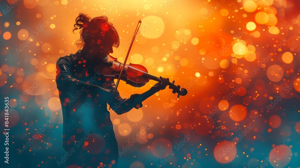 Fototapeta premium Harmony in Tune: Close-Up of Musician Tuning Violin with Vibrant Double Exposure Silhouette in Classical Performance Setting