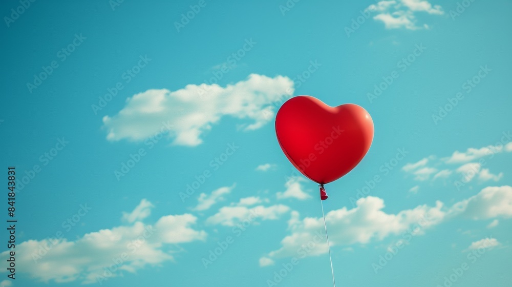Red heart-shaped balloon floating in a bright blue sky with fluffy clouds. Love and joy concept Red heart-shaped balloon floating in a bright blue sky with fluffy clouds. Love and joy concept