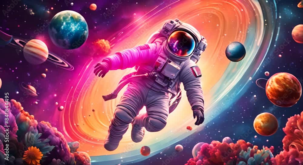 A colorful and vibrant design featuring galaxies stars and planets with an astronaut exploring the cosmos 4k A colorful and vibrant design featuring galaxies stars and planets with an astronaut exploring the cosmos 4k
