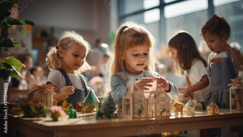Children Engaged in Play and Learning in a Bright Classroom
