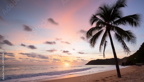 a sunset paints the sky in hues of orange pink over a tranquil beach with a palm tree swaying gently generative ai