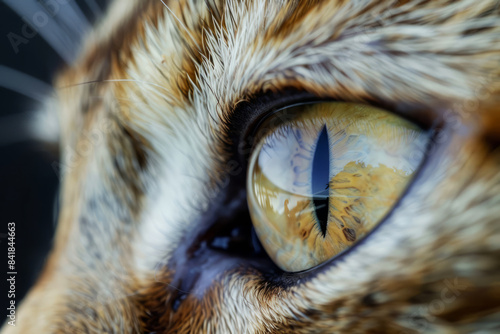 Close-up of a cat's eye with detailed fur texture showcasing the reflection of surroundings in the golden iris. © thanakrit