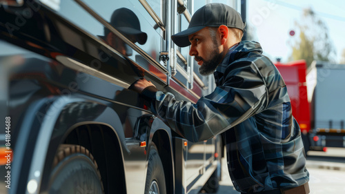 Bearded truck driver examining the exterior of a cargo trailer in an outdoor setting photo