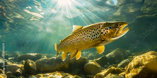brown fish swimming over a rocky river bed under sunlight rays