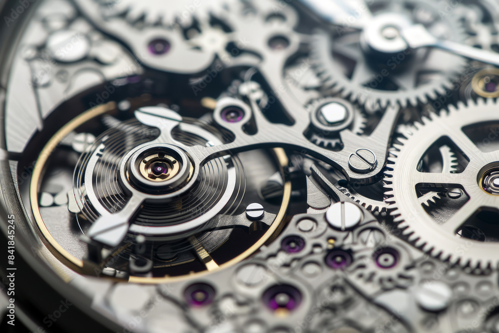Close-up of a mechanical watch's intricate gears, highlighting the detailed craftsmanship and metallic elements. Close-up of a mechanical watch's intricate gears, highlighting the detailed craftsmanship and metallic elements.