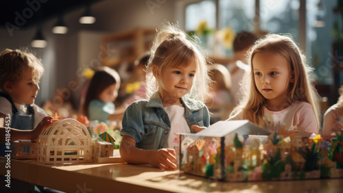 Children Engaged in Play and Learning in a Bright Classroom