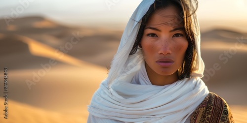 a woman in a white scarf in the desert with sand dunes in the background