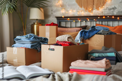 Packing boxes with clothing and books in a cozy bedroom, preparing for moving.