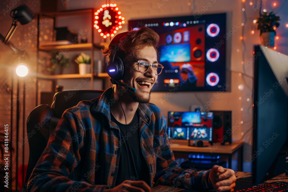 Young man live streaming a video game session in a cozy home studio at night Young man live streaming a video game session in a cozy home studio at night