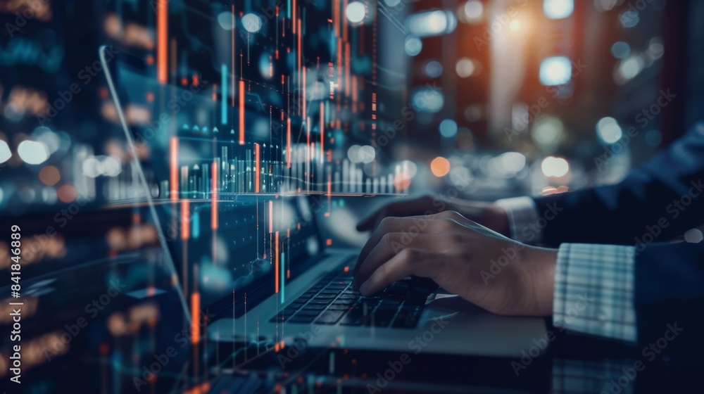 A person working on a laptop with data visualizations and stock market charts, Generative AI A person working on a laptop with data visualizations and stock market charts, Generative AI