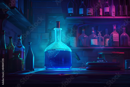 Bottle of poison potion in laboratory room releasing dangerous gas, laboratory bottle, vector, cartoon style, 3d rendering, 2d photo