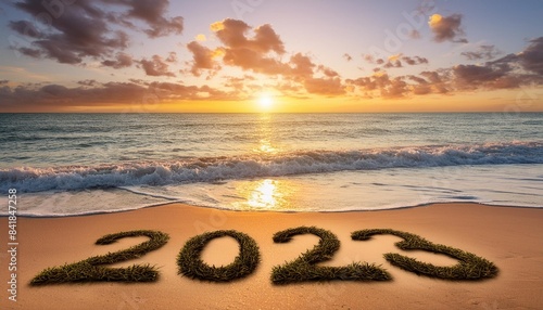 happy new year 2023 ocean sunrise on the beach shore concept