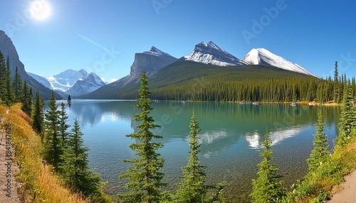 maligne lake panorama in jasper national park alberta canada