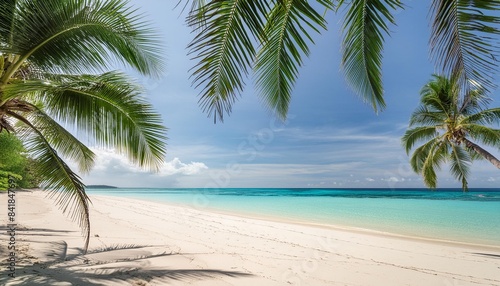 sunny tropical white sand beach with coconut palm trees and turquoise sea summer vacation and tropical beach concept