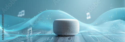 A cute bluetooth speaker for music and sound surround system and sound wave ,the white notes float on sound waves , on light background and copy space.