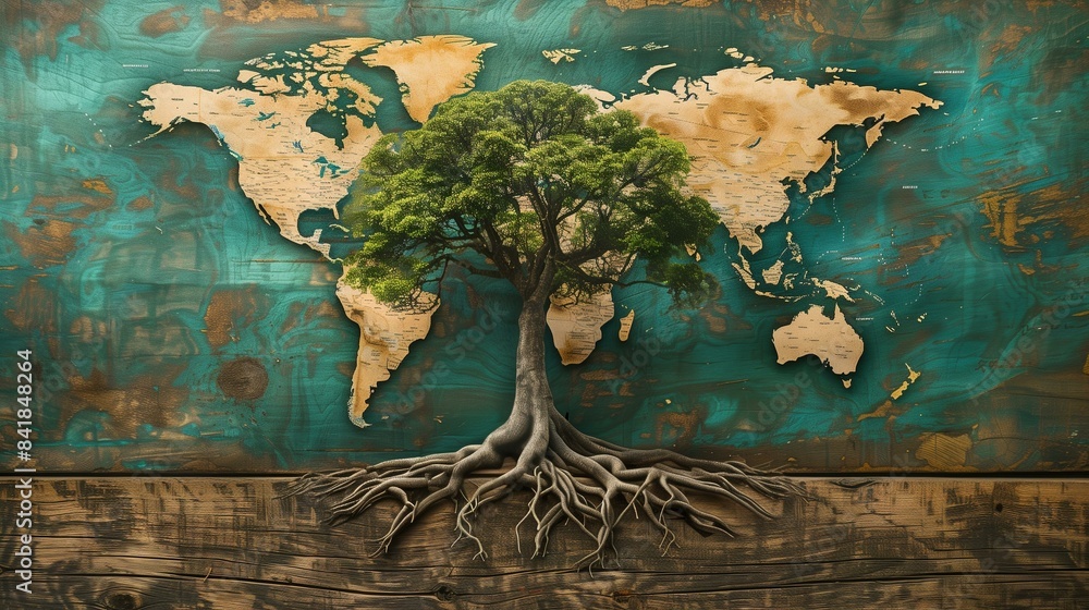 Naklejka premium Conceptual tree with roots spreading across world map interconnectedness life on earth, unity environment