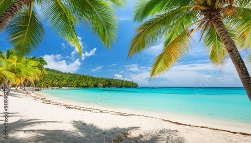 sunny tropical white sand beach with coco palms and the turquoise sea on jamaica caribbean island