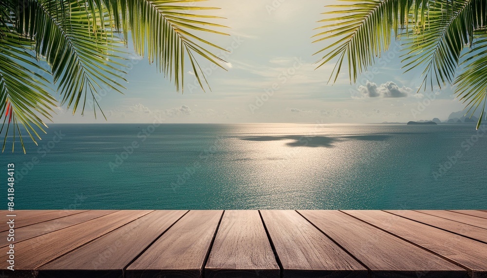wooden floors and sea backdrop wooden table top on blur blue sea and coconut leaf background in summer season