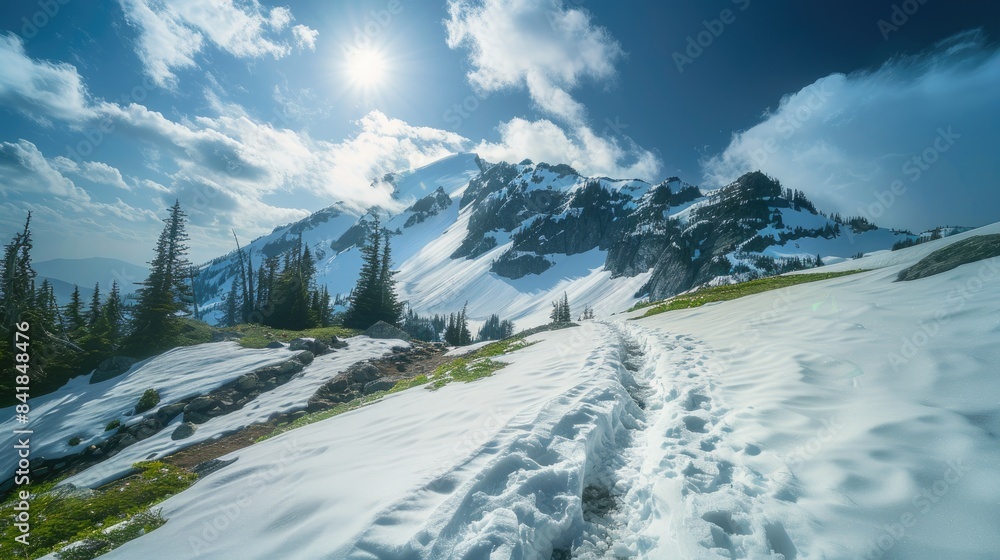 Spring trail on a mountain covered in snow Spring trail on a mountain covered in snow