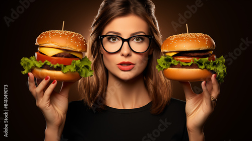 Thoughtful Young Woman Holding Juicy Burgers in Stylish Glasses - Fastfood passion. AI Generative.