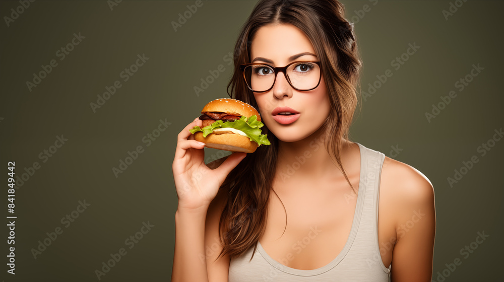 Thoughtful Young Woman Holding Juicy Burgers in Stylish Glasses - Fastfood passion. AI Generative.