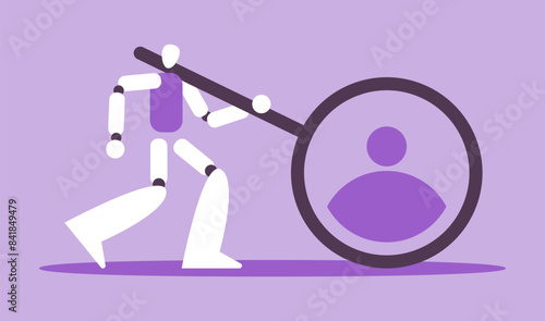 Hiring banner. Robot HR searching for employees online. Work searching. Flat vector illustration.