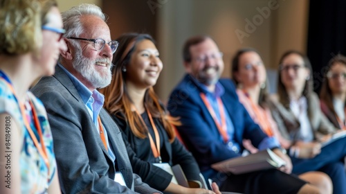 A group of professionals engaged in a lively discussion during a conference breakout session, showcasing their focused attentiveness and collaborative spirit © Ilia Nesolenyi