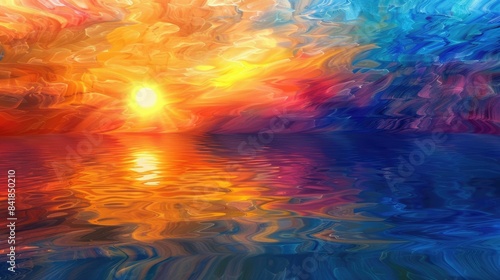 A stunning painting capturing a vibrant sunset with hues of orange and amber reflecting in the water, set against a backdrop of red sky and fluffy cumulus clouds AIG50