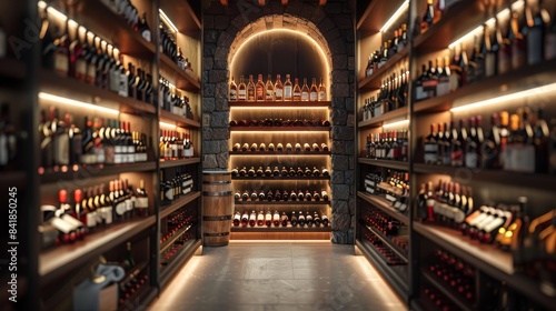 A stylish wine cellar with custom racks and mood lighting. AI generate illustration