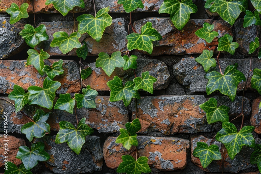 Ivy climbing on a brick wall, perfect for botanical garden concepts