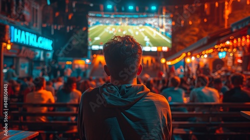 man in his late thirties is in the back watching the Super Bowl on TV with friends at a bar, surrounded by people and in front of him a large screen showing a football game in a cinematic style