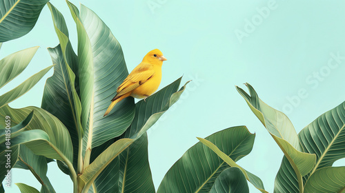 Um pássaro amarelo sob grandes folhas verdes sobre fundo azul claro