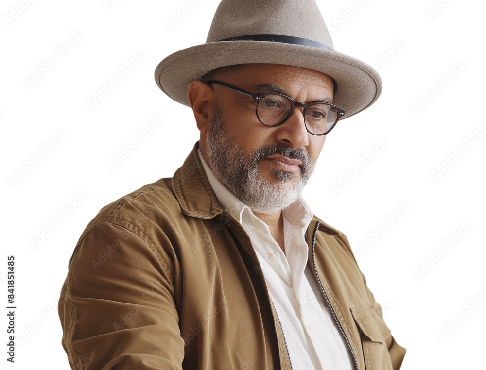 Image of mature man from South America using laptop, no background. Image of mature man from South America using laptop, no background.