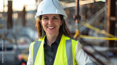 Confident female project manager at a construction site, holding a helmet and smiling at the camera, exemplifying leadership and professionalism in the construction industry.