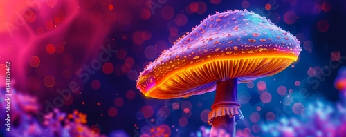 Glowing neon mushroom in a fantasy forest with bokeh lights. Sci-fi, surreal concept © cac_tus