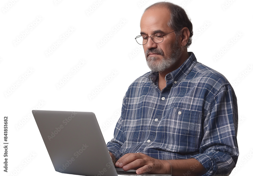 Mature South American Man Browsing on Laptop, Transparent backgrounds. Mature South American Man Browsing on Laptop, Transparent backgrounds.
