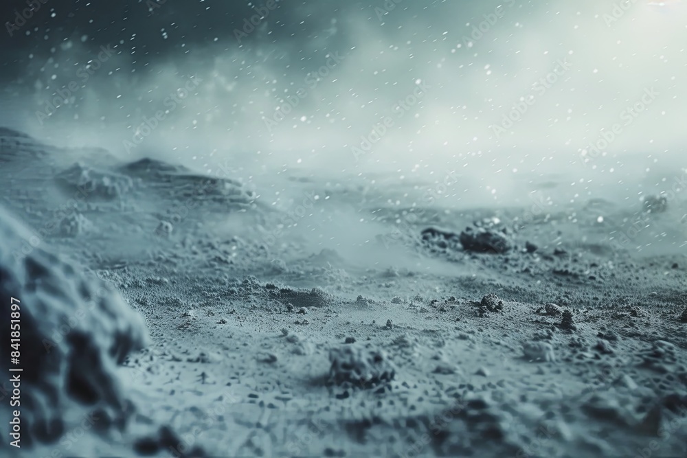 A close-up of a snow-covered field during snowfall, with snowflakes in focus, creates a serene winter scene, capturing the beauty of nature's dance