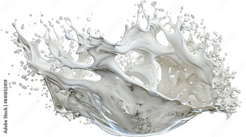 Artistic splash of white liquid frozen in mid-air, showcasing the fluid motion on transparent background Artistic splash of white liquid frozen in mid-air, showcasing the fluid motion on transparent background