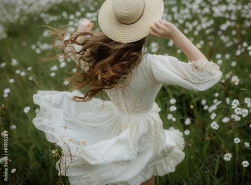 Woman in a white flowing dress joyfully twirling in a field of flowers under the sun and wind photo