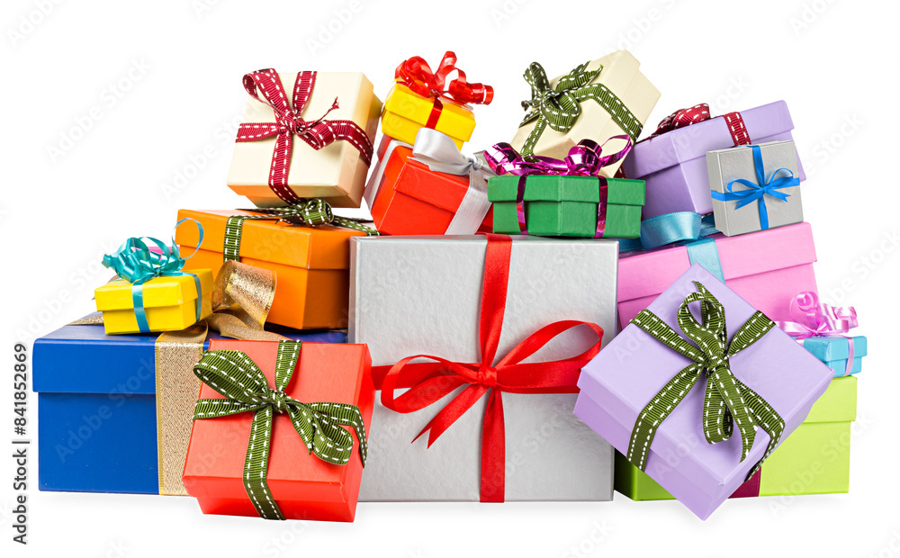 many colorful birthday various gift box pile isolated on white background. celebration holiday christmas present concept