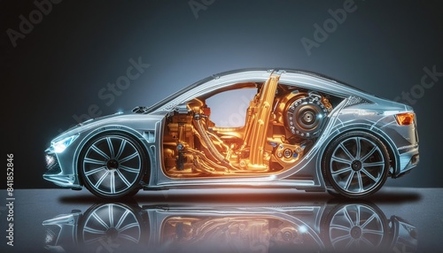 A glowing  high-tech diagram of a car showcasing its intricate internal mechanics on a dark background 