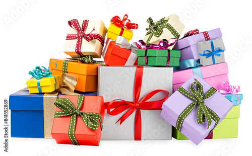 Obraz na płótnie many colorful birthday various gift box pile isolated on white background. celebration holiday christmas present concept w salonie