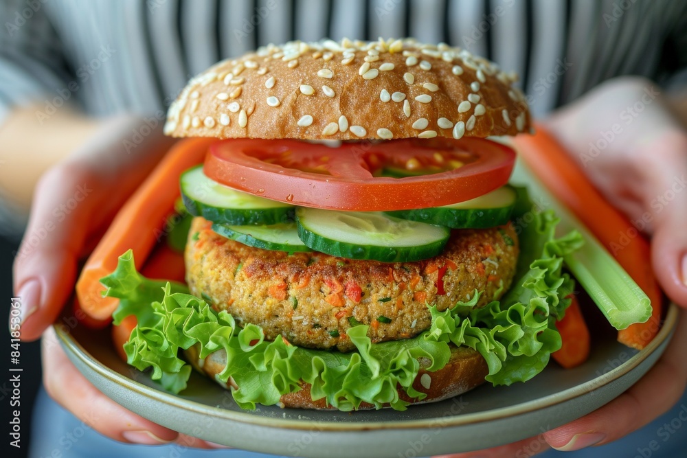Woman holding Vegan Burger with chickpea patty, tomato, lettuce, cucumber and vegetables sticks on a plate. Concept: culinary blog, social media. Woman holding Vegan Burger with chickpea patty, tomato, lettuce, cucumber and vegetables sticks on a plate. Concept: culinary blog, social media.