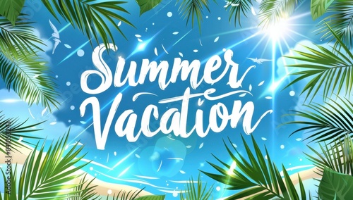 White calligraphy of the text "Summer Vacation" on an abstract blue background with palm trees, sun rays, and a beach Generative AI