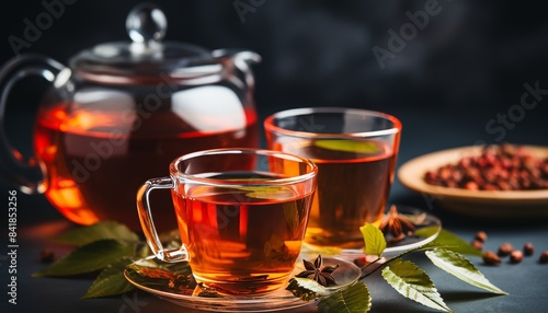 Teapot, cups, dry tea, leaves on white grunge background elegant arrangement for tea lovers