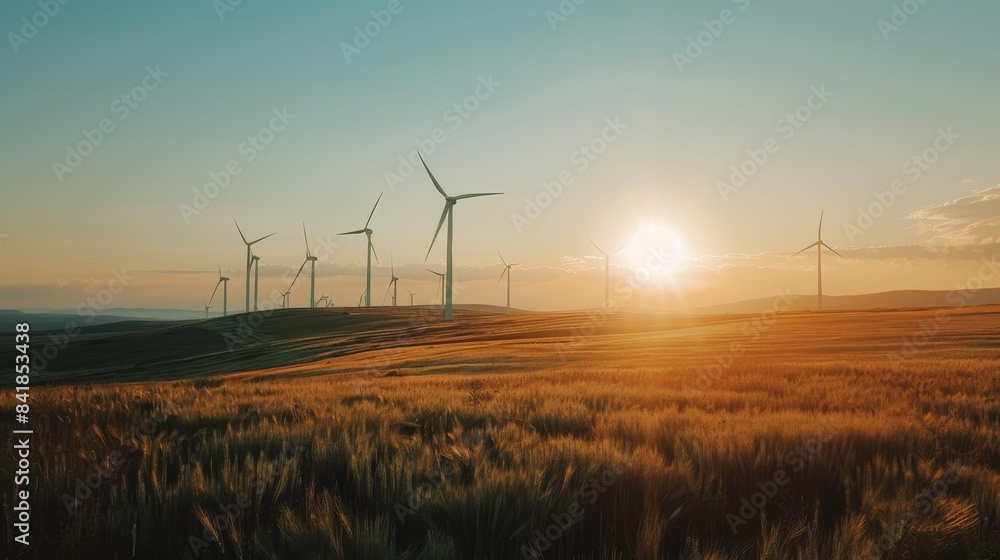 Green energy windmills in a field, sustainable electricity production, bright and eco-friendly landscape Green energy windmills in a field, sustainable electricity production, bright and eco-friendly landscape